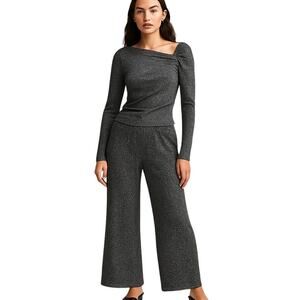 ZARA Two-Piece Black / white knit texture Long Sleeve + Wide-Leg Pants S NWT